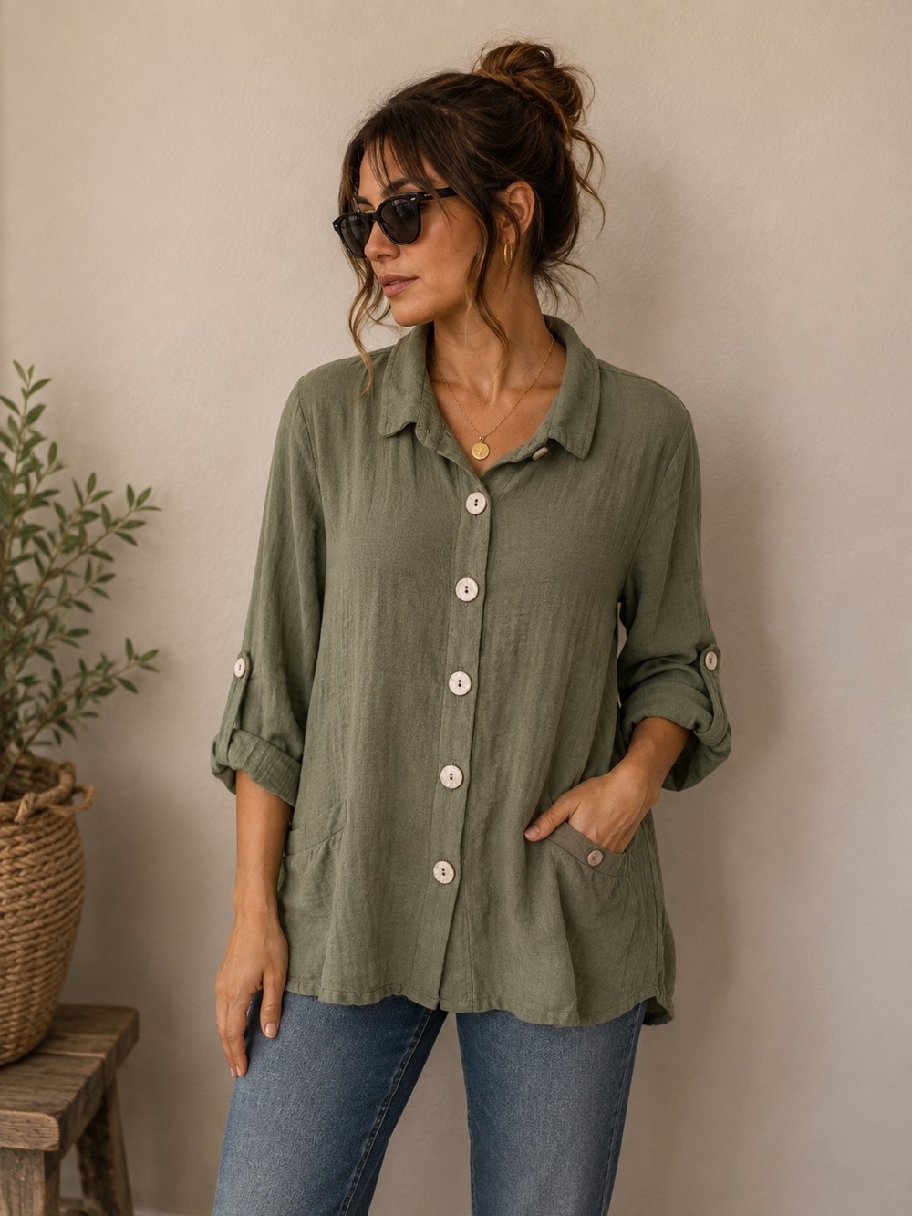 John Mark Sage Green Button Front Tunic Top Vintage Lagenlook Cottagecore Artsy